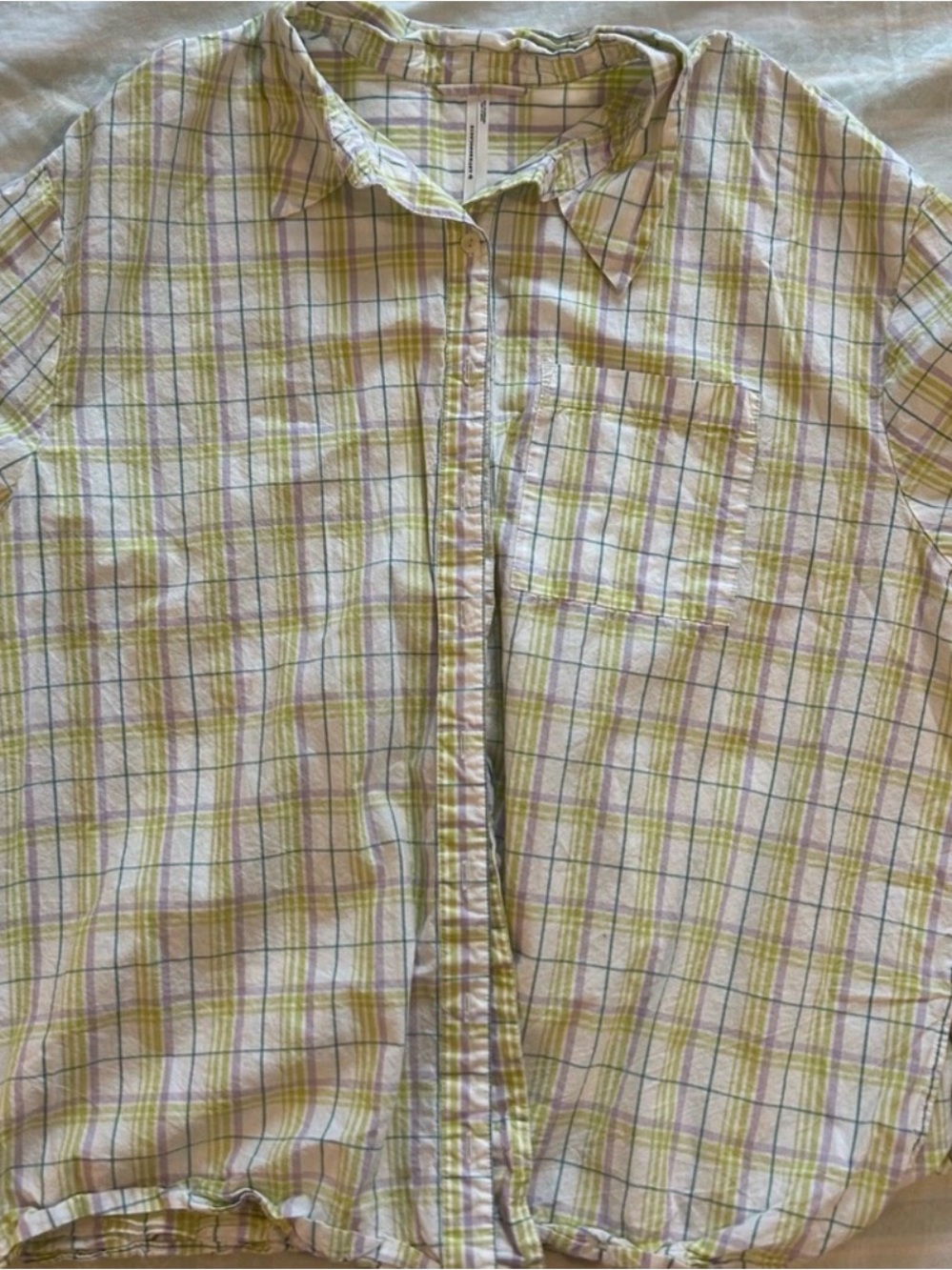 Anthropologie Women’s Short-Sleeve Plaid Button up Light Green, Lavender EUC L